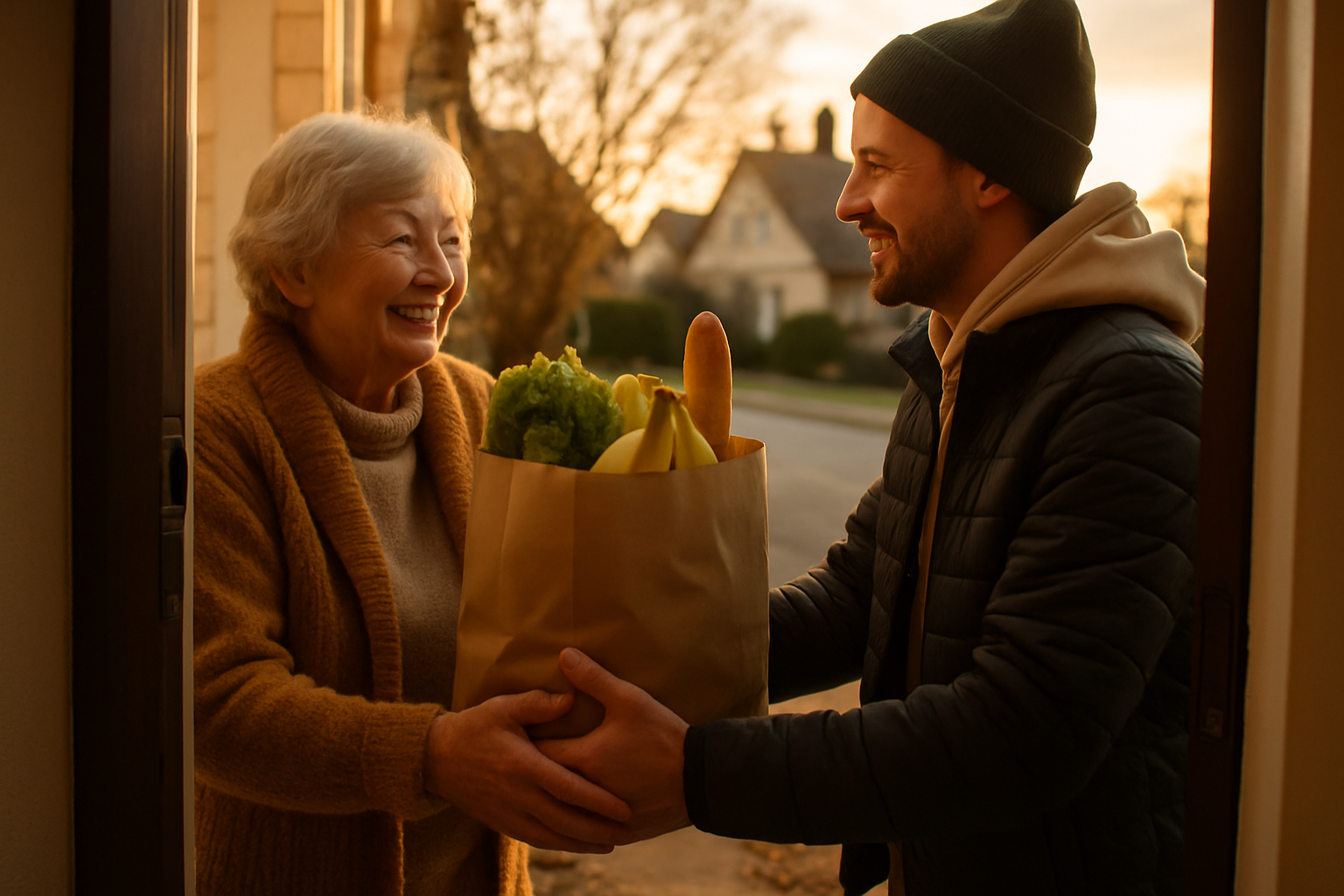A grocer handing a bag of groceries to a smiling customer at her door